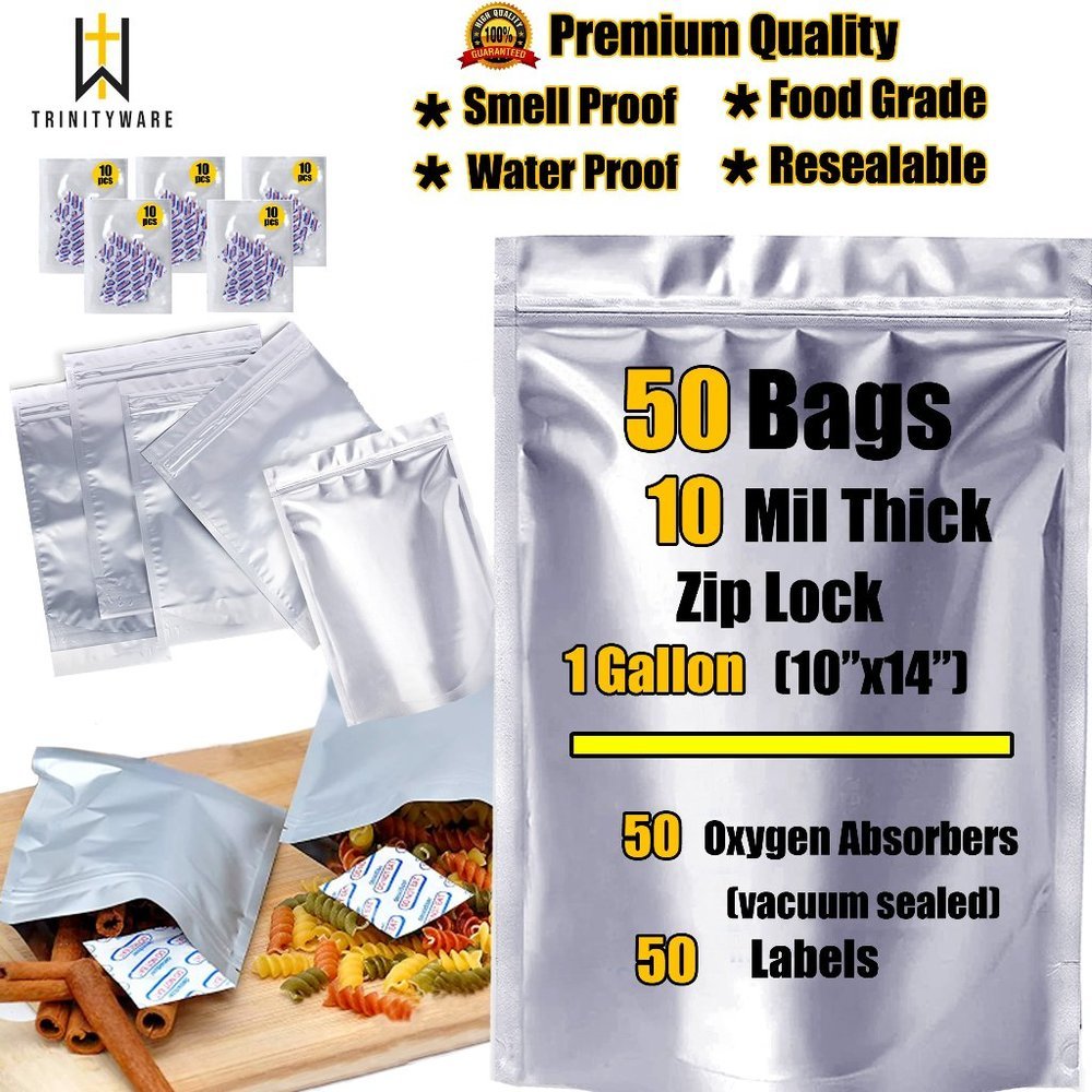 50pcs Mylar Bags 1 Gallon 10 Mil Thick w/ Oxygen Absorbers 500cc Food St…